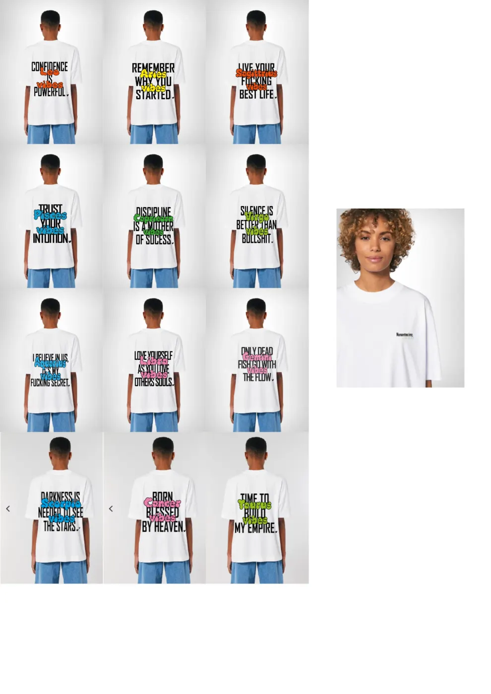 Les douze signes du zodiaque imprimés en tee-shirts blancs, collection Vibes
